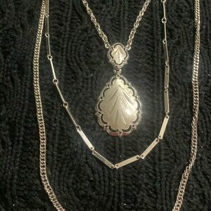 Triple Strand Silver etched pendant necklace w/ flat pin closure